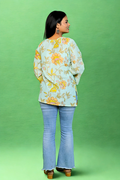 Floral Printed Light Blue Cotton Casual Kurti for Women N Square