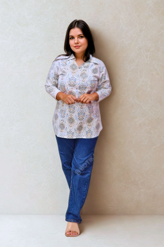 Sage Green Handblock Cotton Kurti – Collared, 3/4 Sleeve N Square