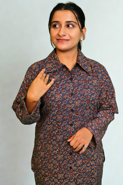 Elegant Printed Cotton Co-Ord Set for Women – Black & Maroon Floral N Square