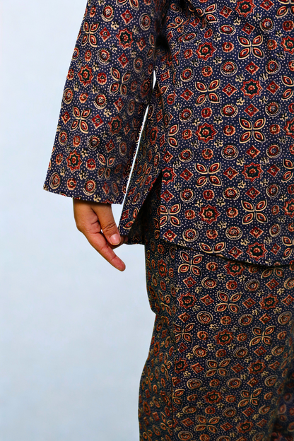 Elegant Printed Cotton Co-Ord Set for Women – Black & Maroon Floral N Square