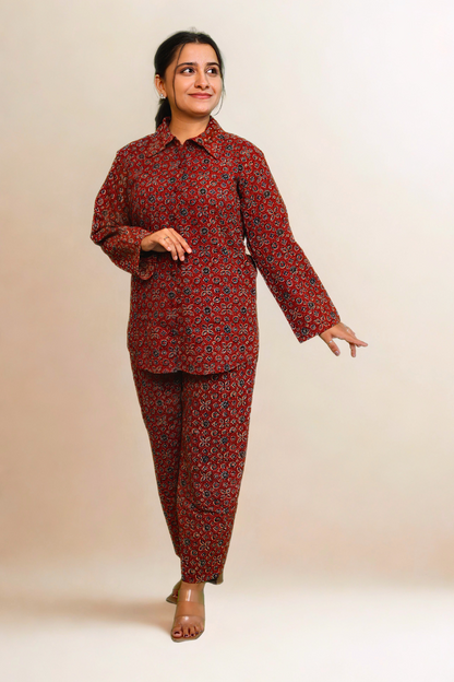 Elegant Printed Cotton Co-Ord Set for Women – Black & Maroon Floral N Square