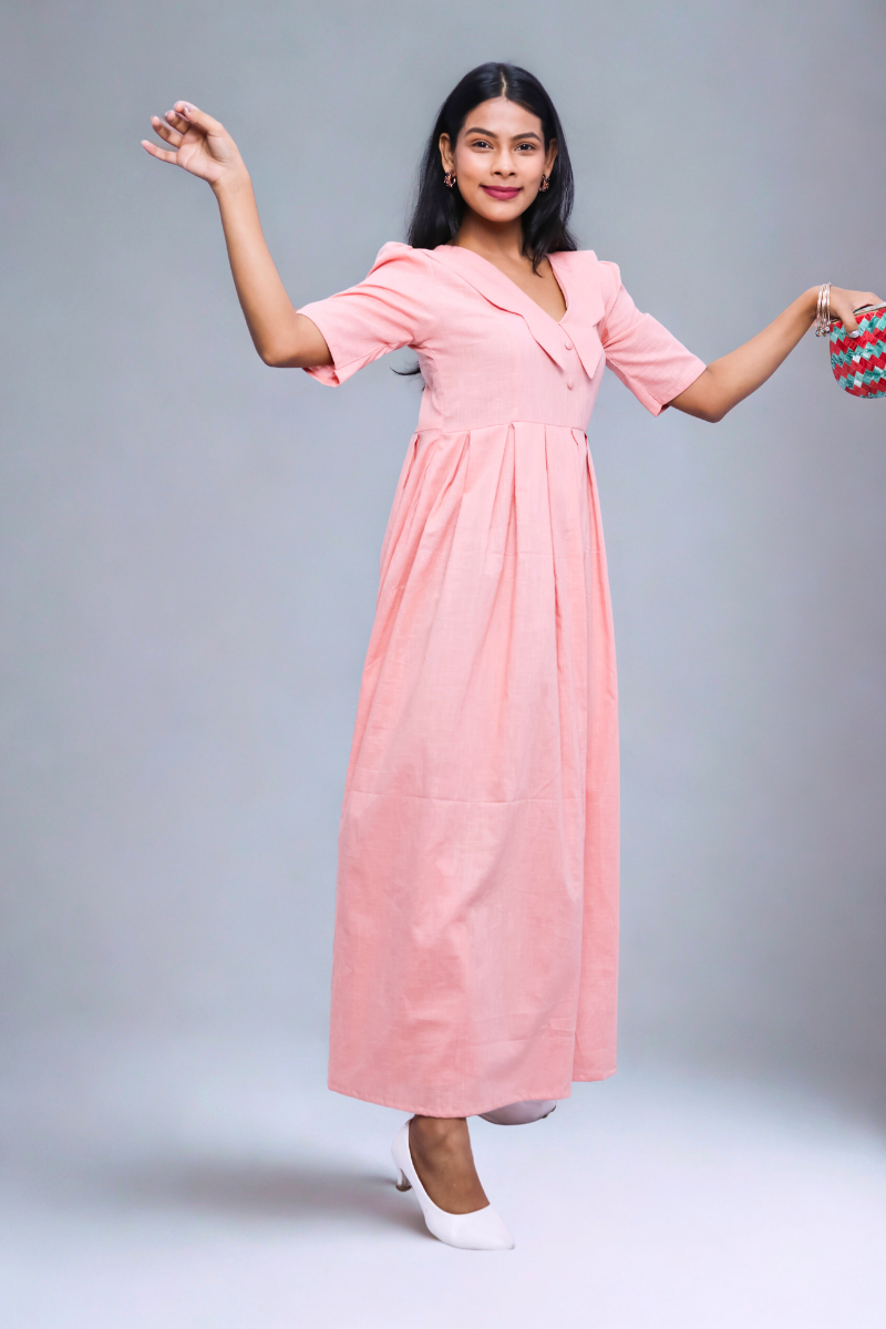 Peach Cotton One-Piece Maxi Dress with Layered Collar & Button Detail N Square