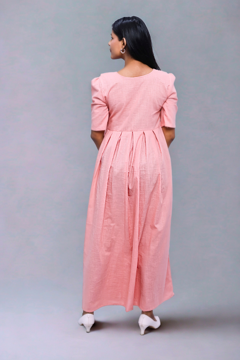 Peach Cotton One-Piece Maxi Dress with Layered Collar & Button Detail N Square