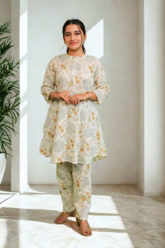Elegant Beige Floral Cotton Kurta Set N Square