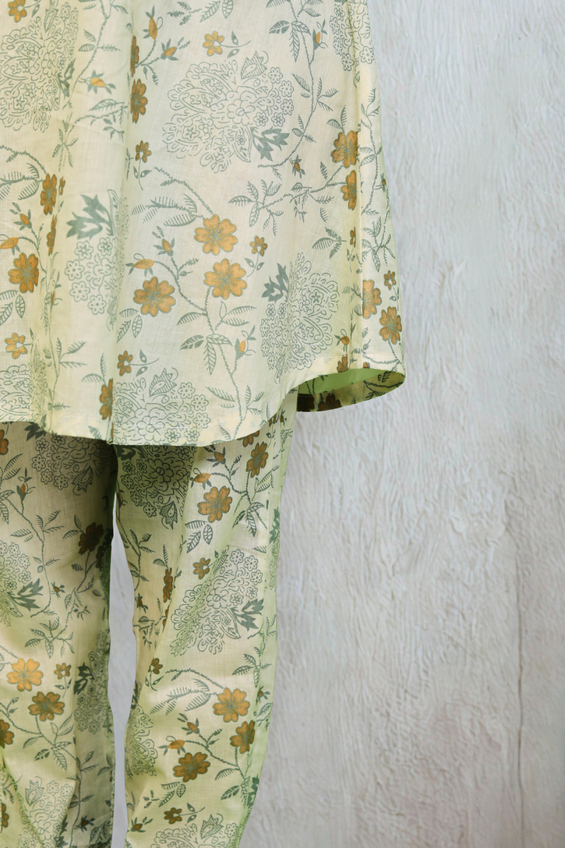 Elegant Beige Floral Cotton Kurta Set N Square