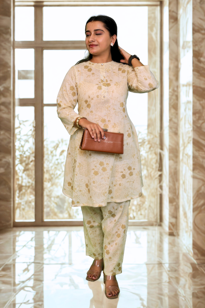 Golden Beige Floral Printed Cotton Kurta Set N Square