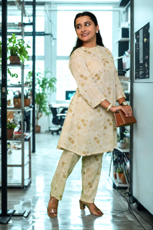 Golden Beige Floral Printed Cotton Kurta Set N Square
