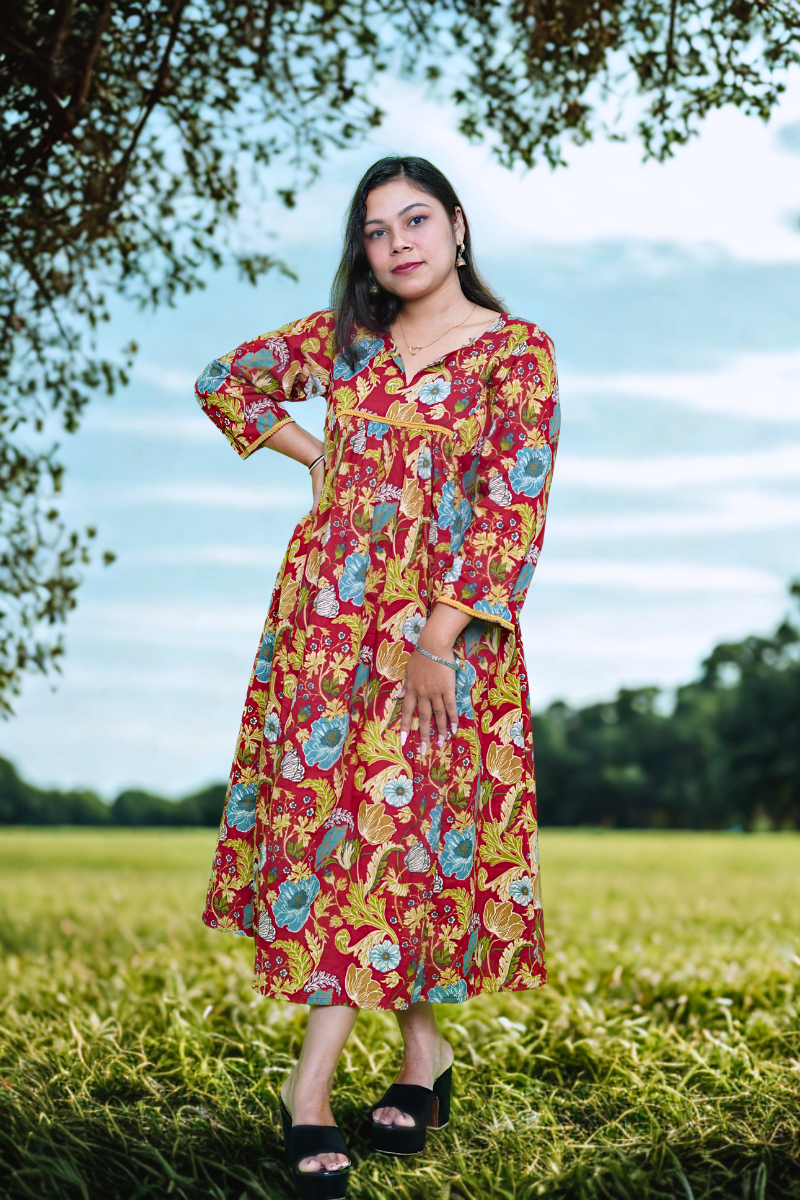 Floral Elegance Maroon Cotton Anarkali Dress N Square