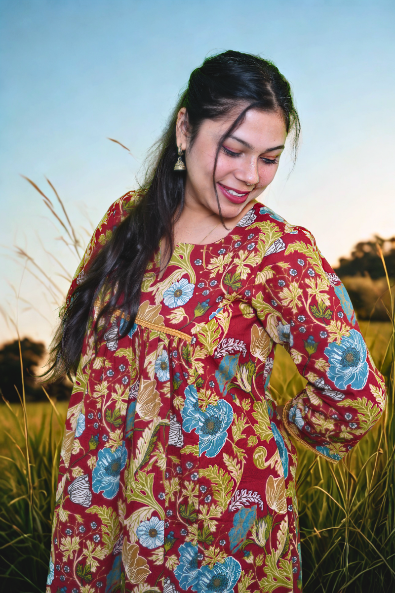Floral Elegance Maroon Cotton Anarkali Dress N Square