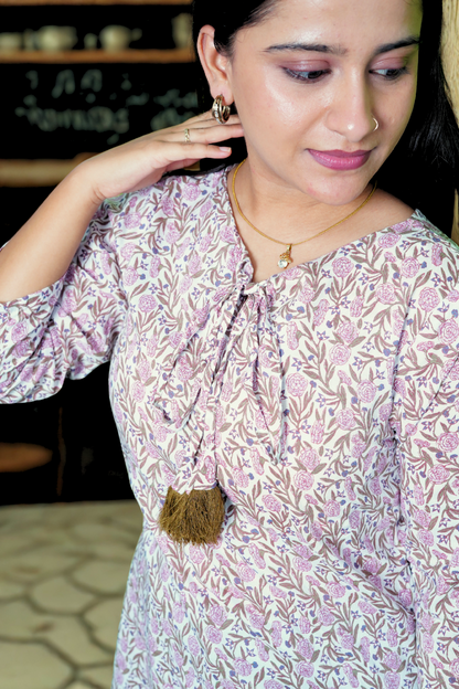 Pastel Floral Tassel Kurti – 3/4 Sleeve Cotton Blend N Square