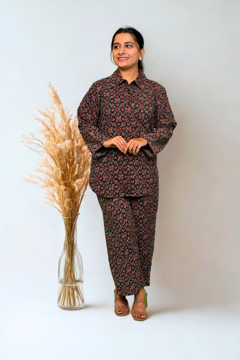 Elegant Printed Cotton Co-Ord Set for Women – Black & Maroon Floral N Square