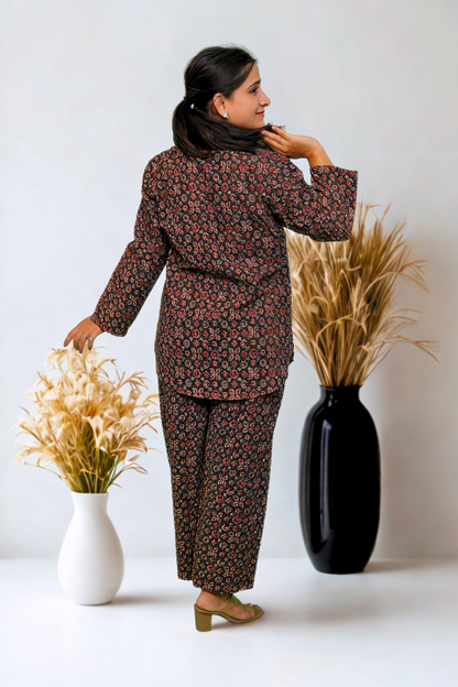 Elegant Printed Cotton Co-Ord Set for Women – Black & Maroon Floral N Square