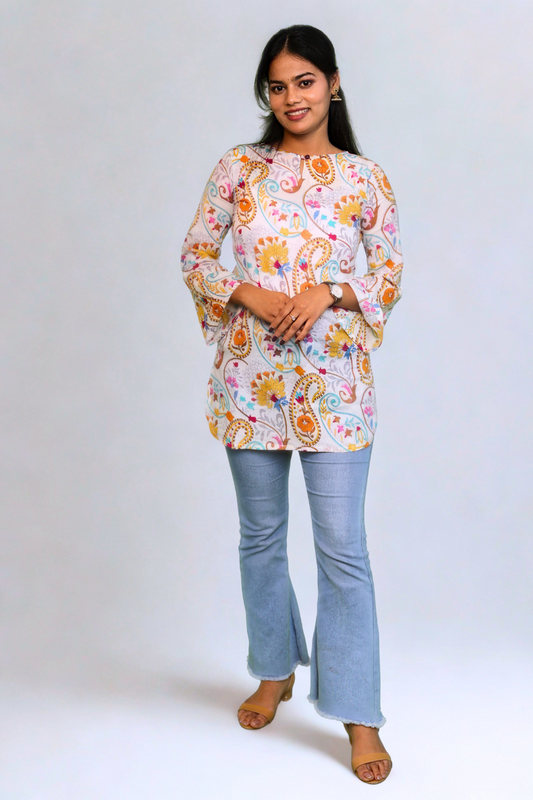 Cream Multicolor Paisley Cotton Kurti N Square