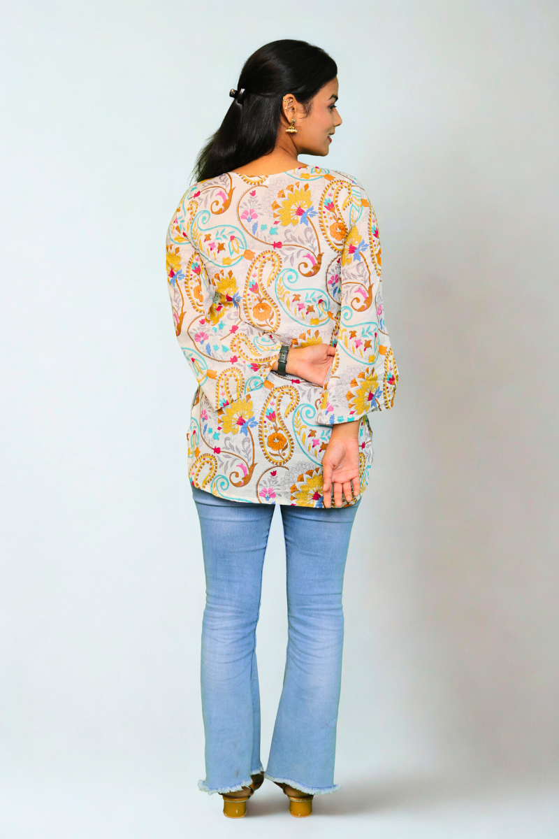 Cream Multicolor Paisley Cotton Kurti N Square
