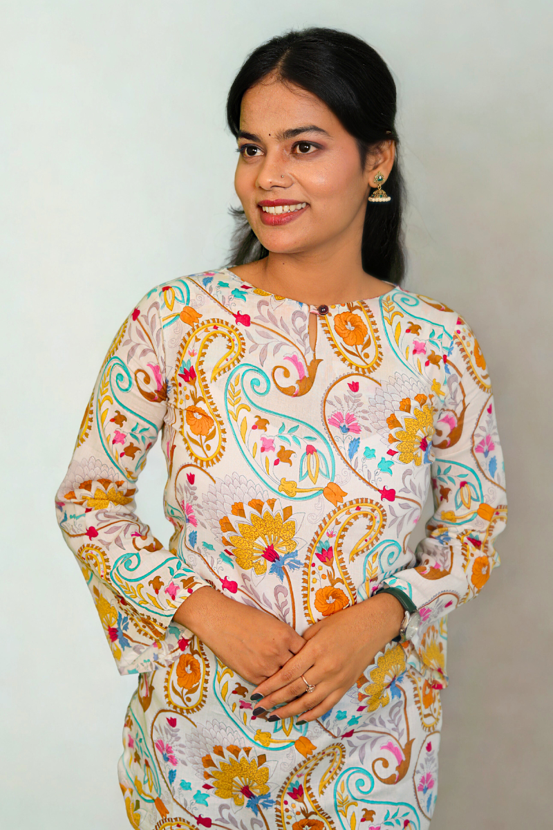 Cream Multicolor Paisley Cotton Kurti N Square