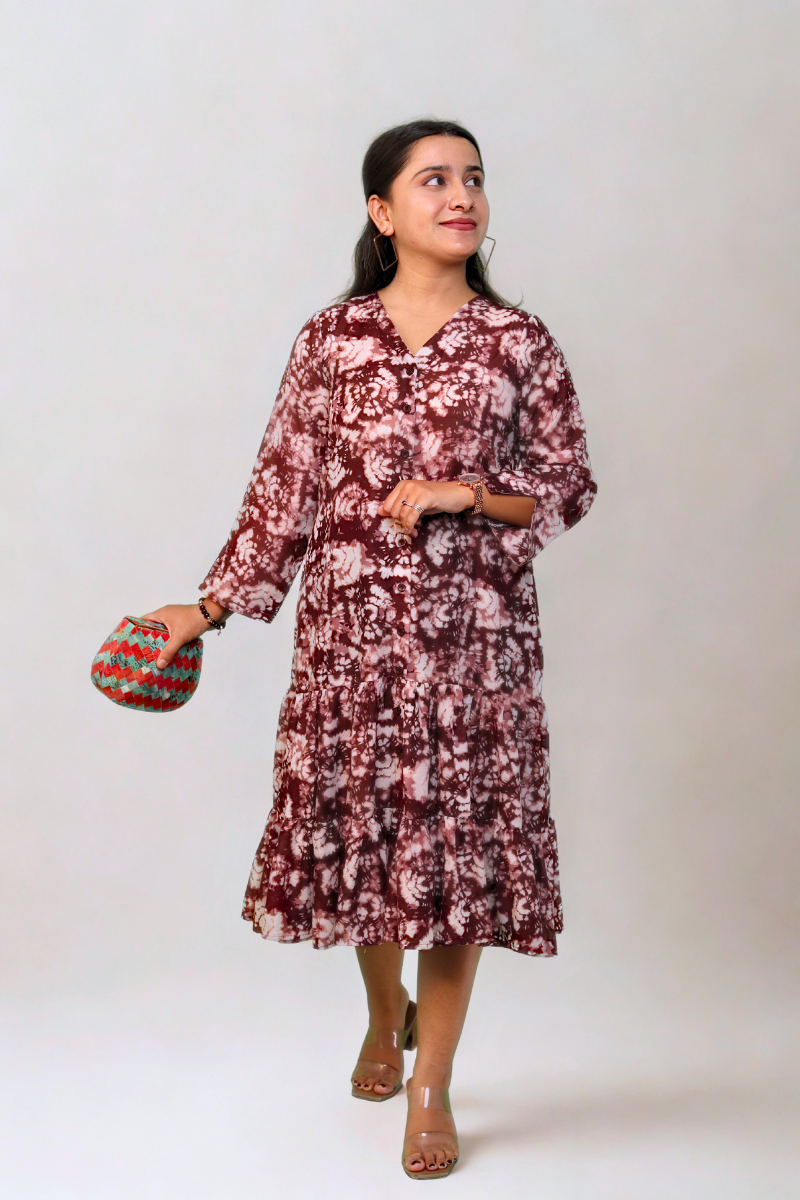 Flowy Brown & White Cotton Dress for Women N Square