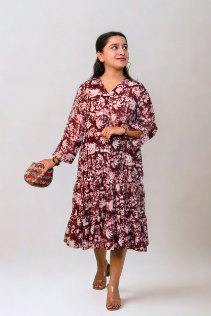 Flowy Brown & White Cotton Dress for Women N Square