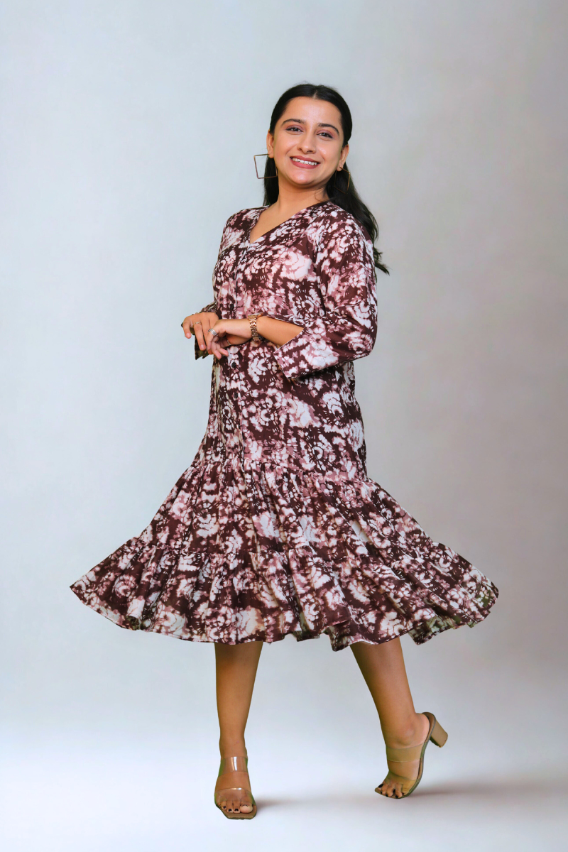 Flowy Brown & White Cotton Dress for Women N Square