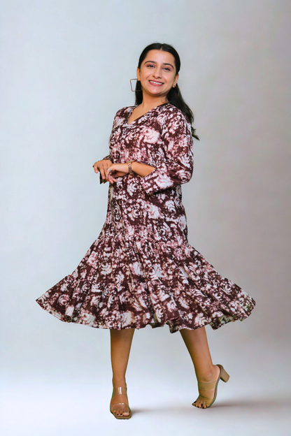 Flowy Brown & White Cotton Dress for Women N Square