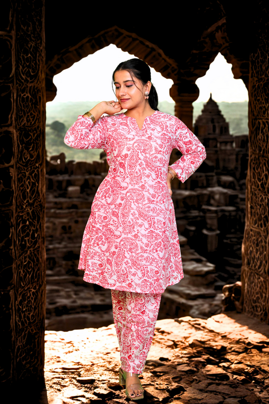 Floral Printed Cotton Kurta Set (Red, Blue, Green) N Square
